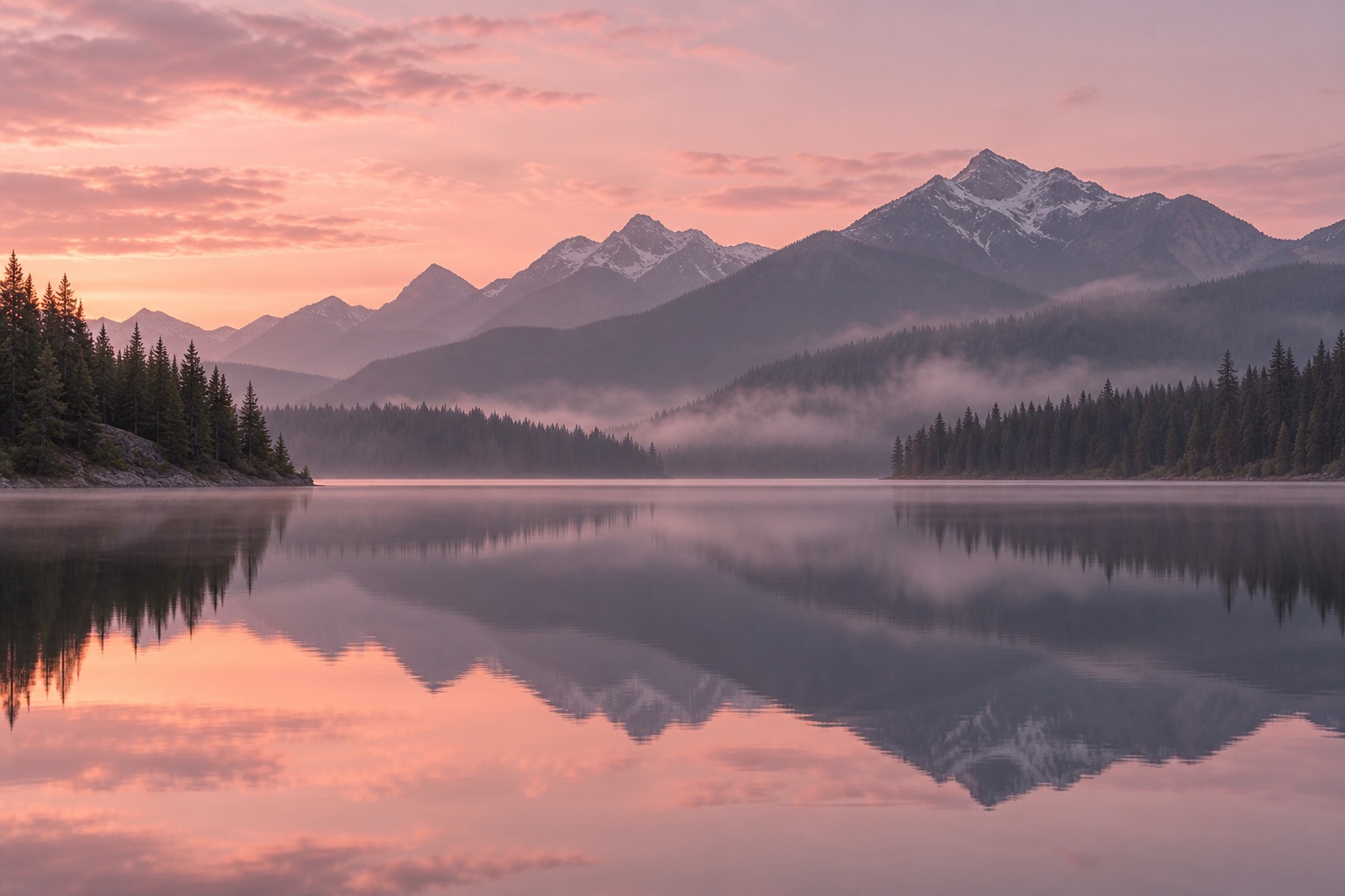 Illustrative Canadian mountain lake in rose dawn light