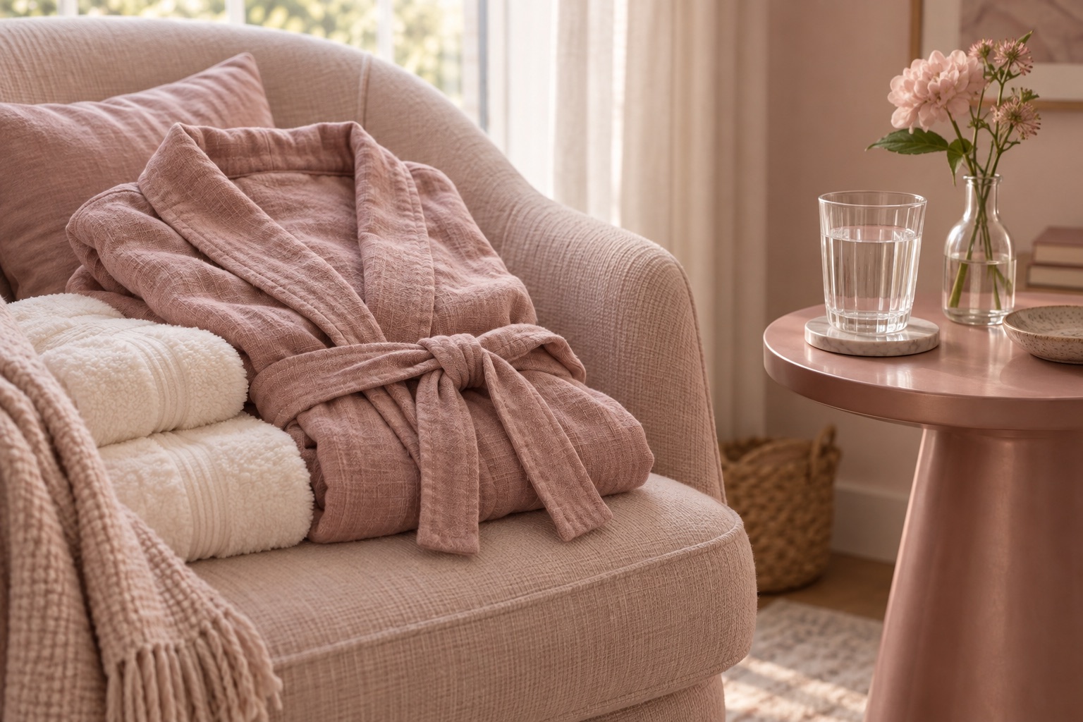 Rose linen and soft towels arranged in a quiet home setting